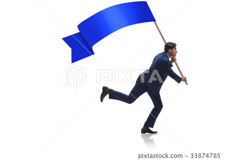 Businessman with blank banner running in business Businessman with blank banner running in business 33874785