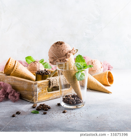 Waffle cones with coffee ice cream Waffle cones with coffee ice cream 33875396