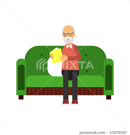 Senior man character sitting on green sofa and 33876097