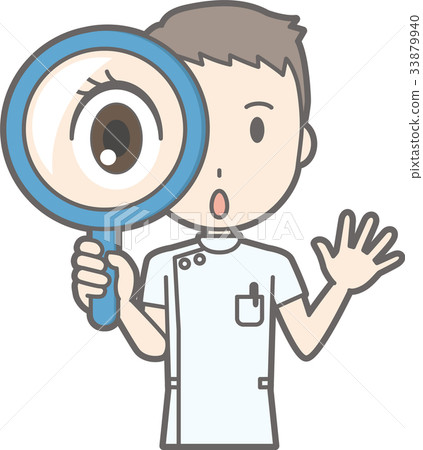Illustration of a male nurse in a white coat holding a magnifying glass 33879940