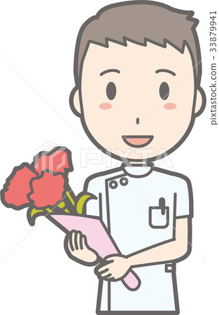 Illustration that a male nurse in a white coat has a bouquet 33879941