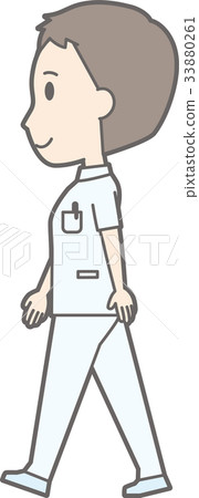 Illustration of a male nurse wearing a white coat walking sideways Illustration of a male nurse wearing a white coat walking sideways 33880261