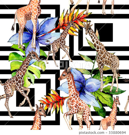 Exotic giraffe wild animal pattern in a watercolor 33880694