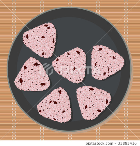 Onigiri set on the grey round plate. Asian snack. 33883416