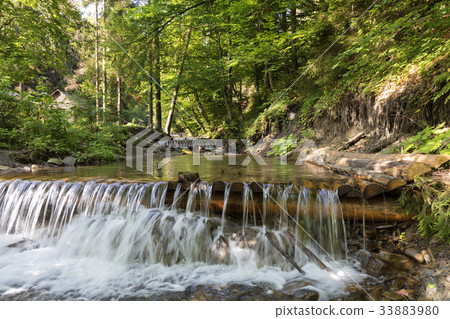 Cascading waterfall of a mountain stream  33883980