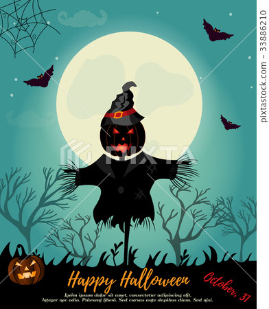 Halloween background with scarecrow, full moon and Halloween background with scarecrow, full moon and 33886210