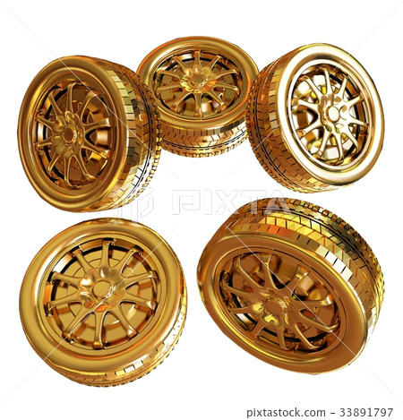 Golden wheels Set isolated on white. Top view 33891797