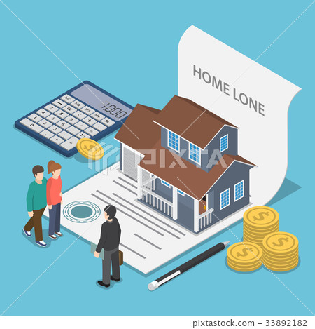 Isometric couple talking with real estate agent. 33892182