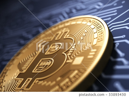 Virtual Coin Bitcoin On Background Of Blue Printed 33893430