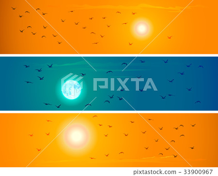 Banners of birds against orange sunset and moon. Banners of birds against orange sunset and moon. 33900967