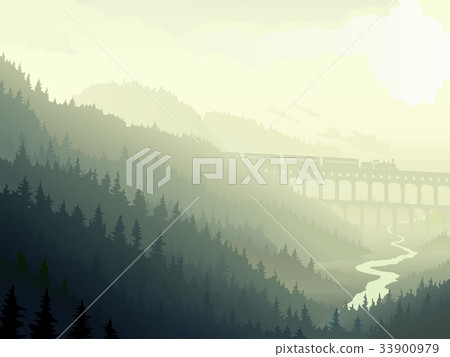 Steam train in wild coniferous wood. Steam train in wild coniferous wood. 33900979