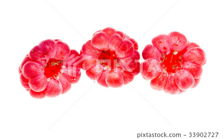 Juicy red raspberries on white background Juicy red raspberries on white background 33902727