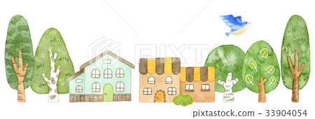 Watercolor illustration of a blue bird and a cityscape rich in nature 33904054