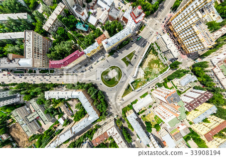 Aerial city view with crossroads and roads, houses Aerial city view with crossroads and roads, houses 33908194