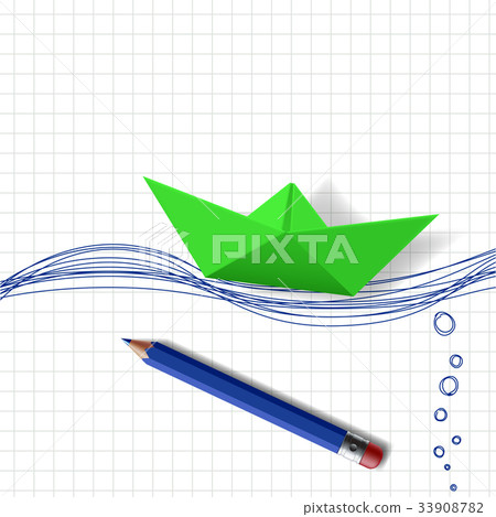 Green paper boat on the water surface 33908782