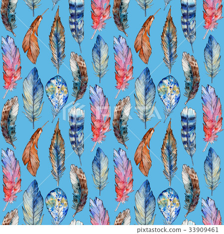 Watercolor bird feather pattern from wing. 33909461