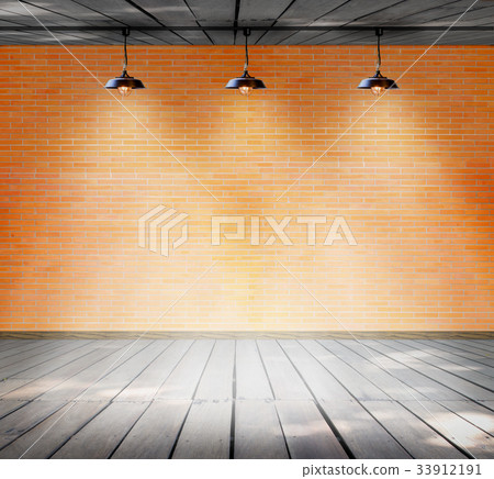 Lamp at brick wall background with ground wood 33912191