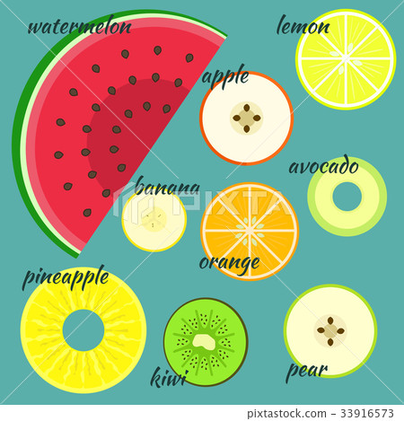 Flat colorful vector fruits split across in a half Flat colorful vector fruits split across in a half 33916573