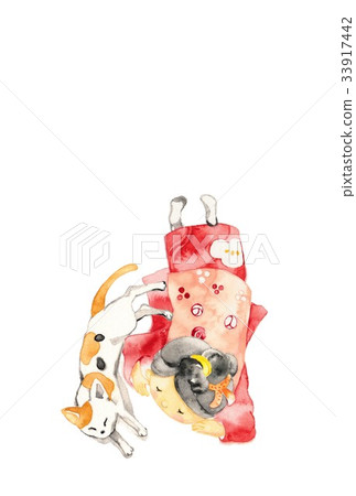 紅色和服的女孩，休息，三頭髮的貓 33917442