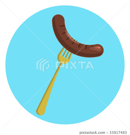 Colorful flat tasty grilled sausage on a fork Colorful flat tasty grilled sausage on a fork 33917483