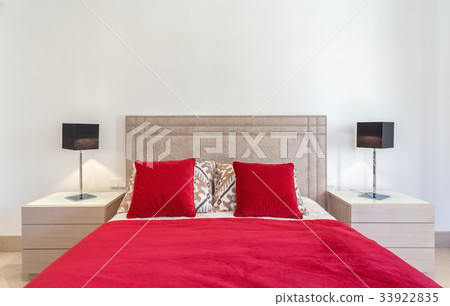 Stylish modern bedroom with bed and red pillows. Stylish modern bedroom with bed and red pillows. 33922835