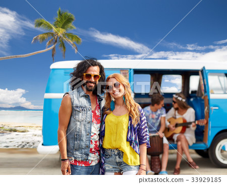 happy hippie couples and minivan on beach happy hippie couples and minivan on beach 33929185