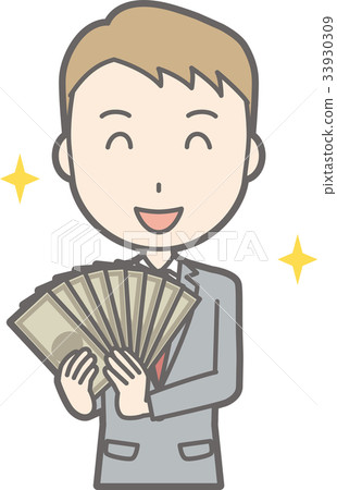 Illustration of a businessman in a suit holding a wad of money 33930309