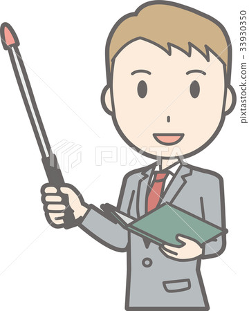 Illustration of a businessman in a suit holding a pointer with a smile 33930350
