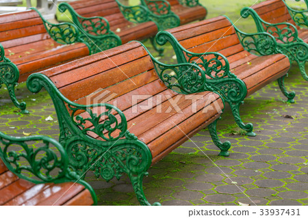 wood bench row in the green park 33937431