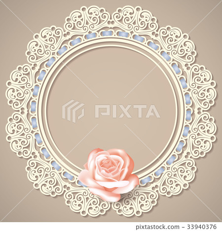 lace frame, realistic rose on beige background. lace frame, realistic rose on beige background. 33940376