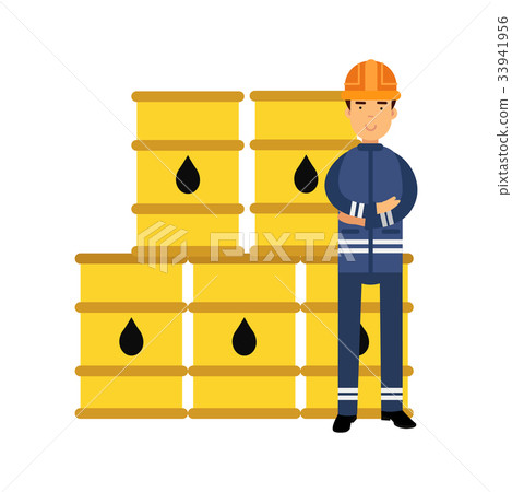 Oilman character in a blue uniform standing next 33941956