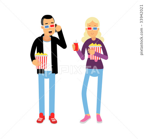 Young couple in 3d glasses with popcorn and soda 33942021