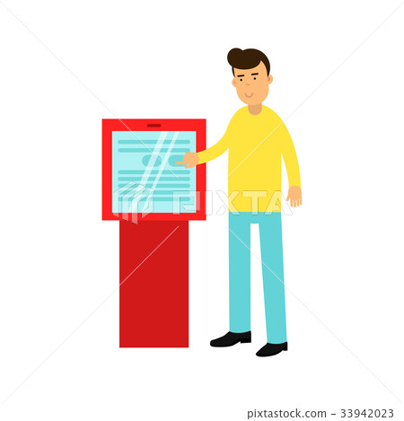 Young man buying cinema tickets in touchscreen 33942023