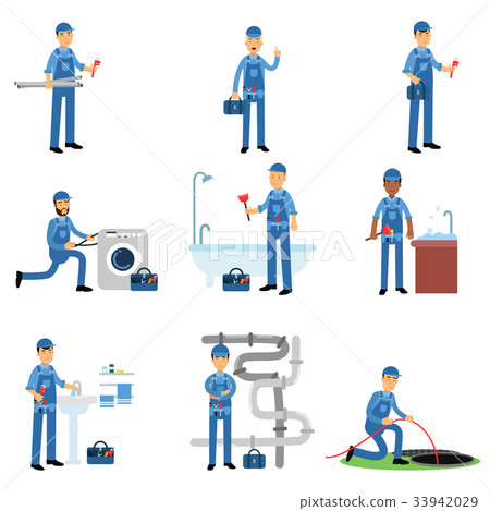 Professional plumber in blue uniform at work set 33942029