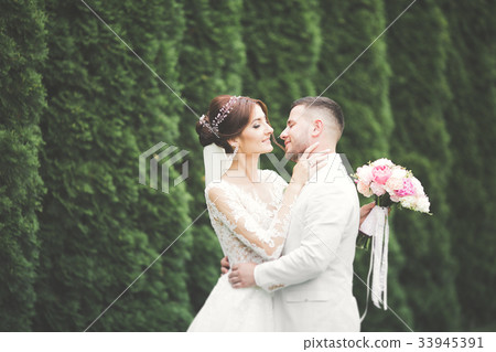 Romantic, fairytale, happy newlywed couple hugging Romantic, fairytale, happy newlywed couple hugging 33945391