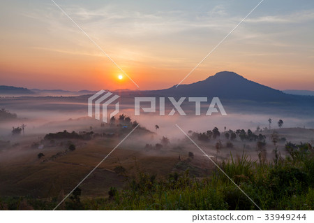 fog in morning sunrise and road fog in morning sunrise and road 33949244