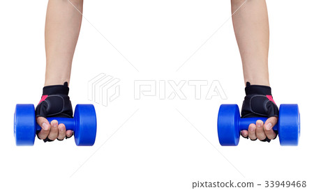 Hands holding dumbell on white background. Hands holding dumbell on white background. 33949468