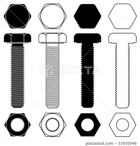 Metal bolt with nut. Outline and silhouette 33950046