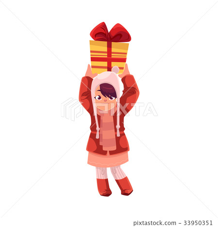 vector cartoon girl keeping present box in hands vector cartoon girl keeping present box in hands 33950351