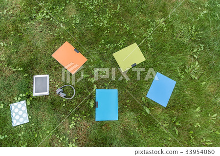 Various learning material and gadget on lawn 33954060