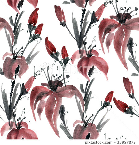 Watercolor lily flowers 33957872