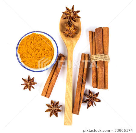 brown cinnamon stick and powder with star anise brown cinnamon stick and powder with star anise 33966174