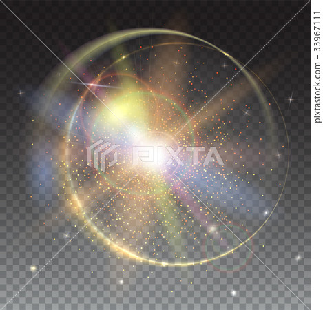 Circular light rays and lens flare backdrop. Glow 33967111