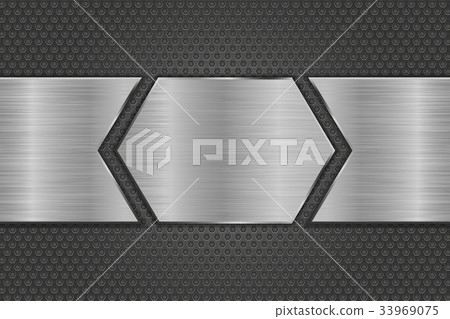 Metal brushed plate on perforated background Metal brushed plate on perforated background 33969075