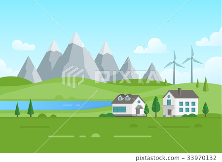 Housing estate with windmills by the lake - modern Housing estate with windmills by the lake - modern 33970132