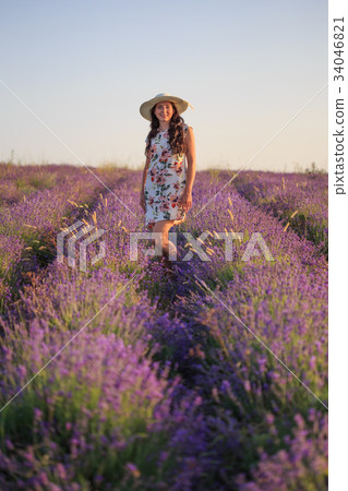 Romantic woman among blooming lavender Romantic woman among blooming lavender 34046821