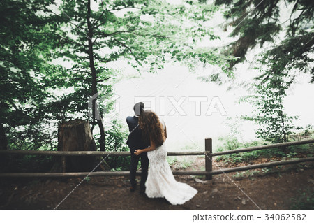 Happy wedding couple walking in a botanical park Happy wedding couple walking in a botanical park 34062582