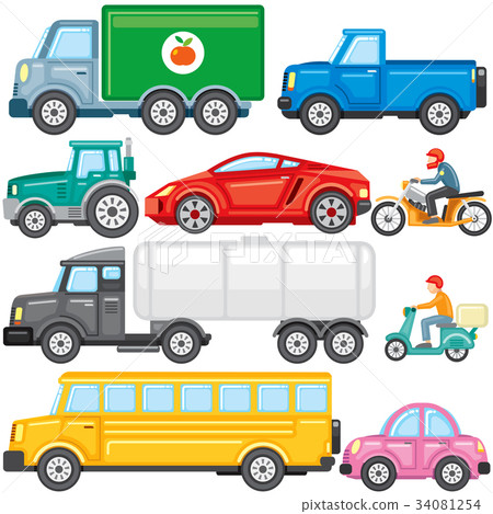 Flat Colored Cartoon Cars and Trucks. Vector Icons 34081254