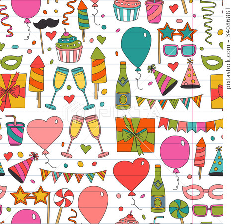 Kids Party Children Drawing Birthday Party With Balloons, Mask, Gifts,  Food, Cupcakes Doodle Set With Vector Icons Royalty Free SVG, Cliparts,  Vectors, And Stock Illustration. Image 85697063.