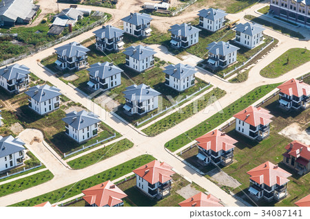 above view of suburban village above view of suburban village 34087141